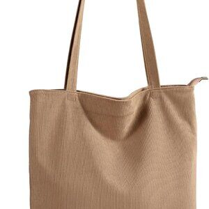 Elegant Women’s Corduroy Hobo Handbag – Spacious Khaki Tote with Zipper Closure